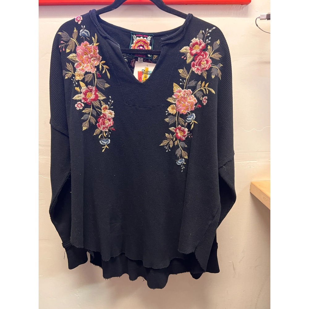 Johnny Was Black Long Sleeve Knit Floral Embroidered Shirt